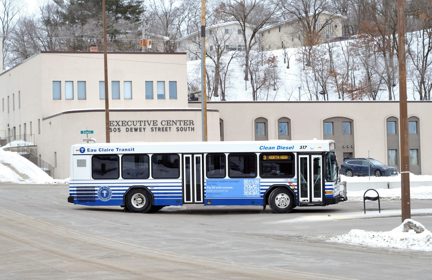 Amazon Prime bus wrap ad in Eau Claire